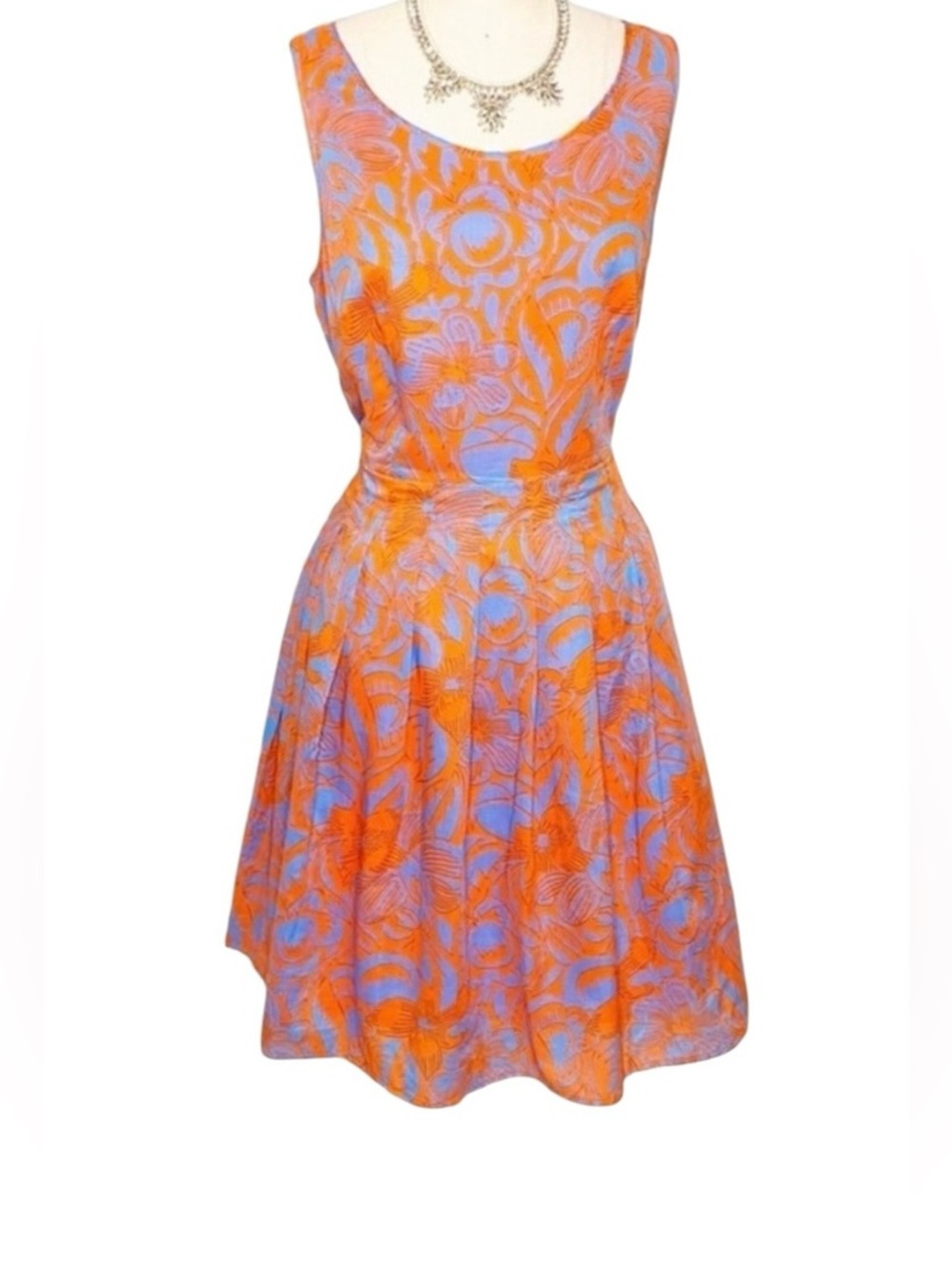 Talbots Pleated A-Line Dress w Pockets Blue & Orange 12